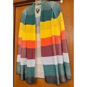 Land's END Rainbow Stripe Cable Knit 100% Cotton Colorful Oversized Cardigan M